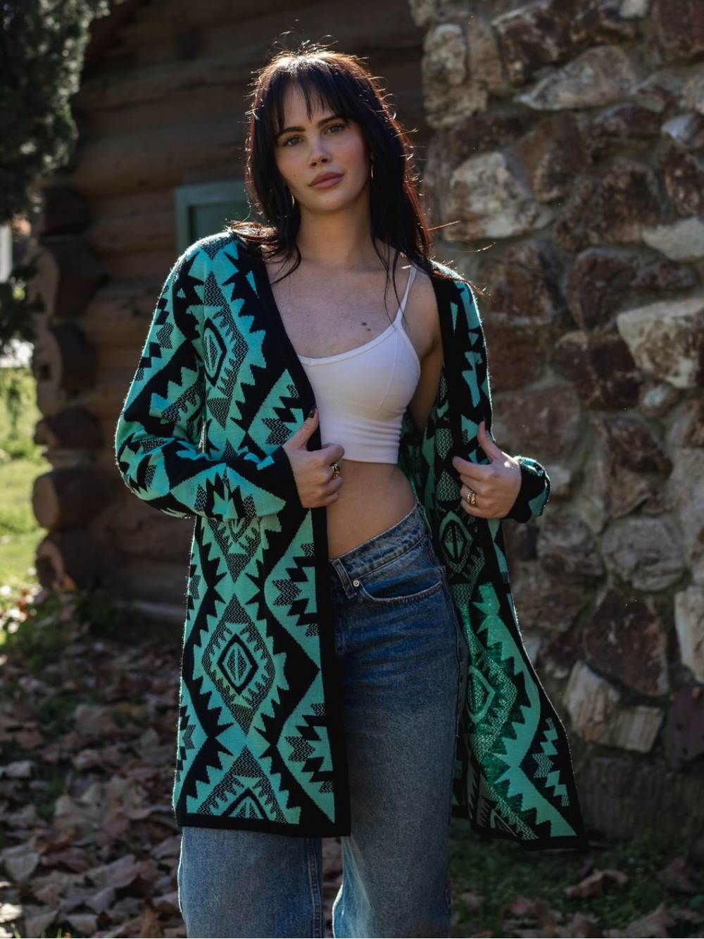 Open Geometric Teal and Black Cardigan Sweater for Women